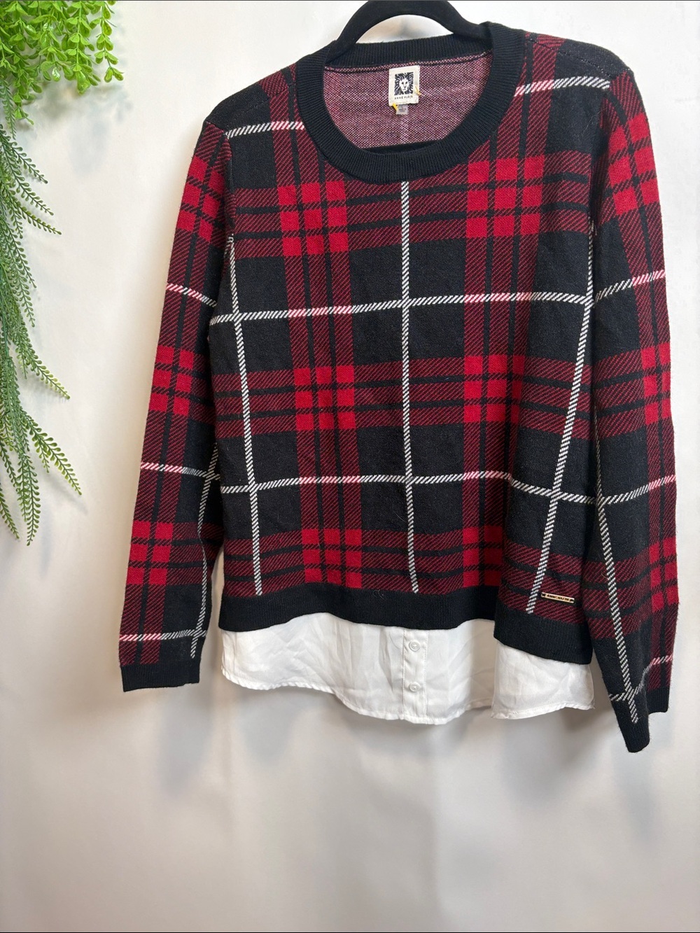 Anne Klein Red & Black Plaid Crewneck Sweater with Faux Layered Hem
